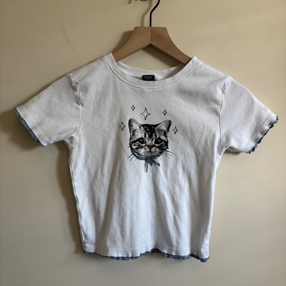 Attitude Not Included White Cat Graphic Baby Tee Lettuce Edge XS